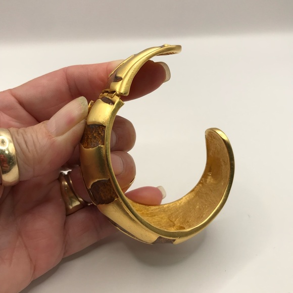 Gold-Tone and Brown Enamel Patterned Cuff Bracelet - Picture 6 of 9